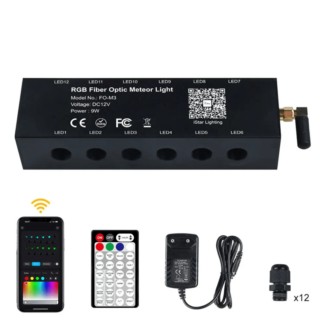 Kit fibra optică RGB Taggo cu efect stele cazătoare, 12 canale, 500 fire, lungime 3m, 0.75mm pentru decor ambient.