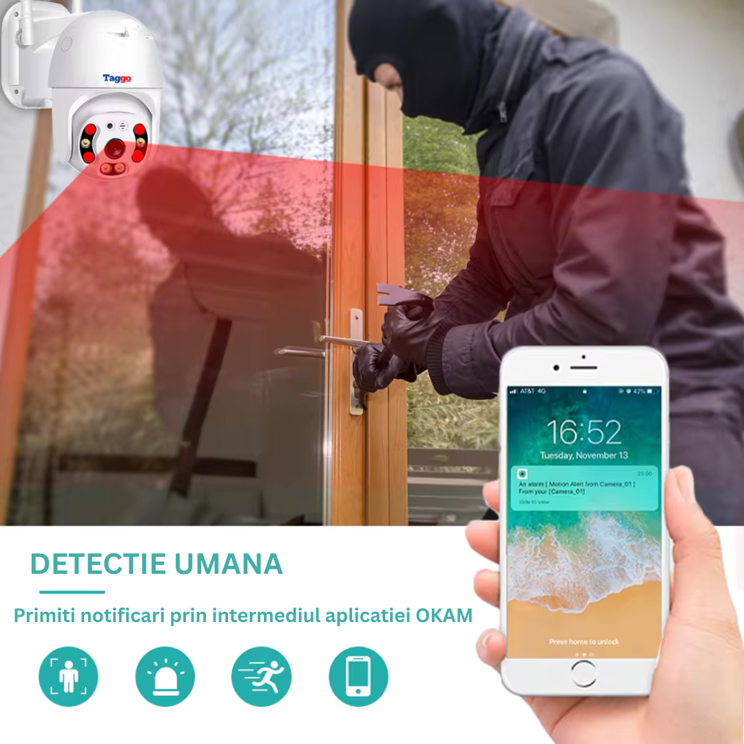 Camera de supraveghere WiFi Taggo, 5MP, rezistent la apă, rotire 360°, detectie umană și notificări telefon.