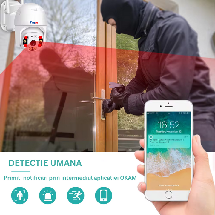 Camera Supraveghere WIFI, 5MP, Rezistenta La Apa, Rotire 360, Detectie Forma Umana, Notificare pe telefon - Taggo.ro