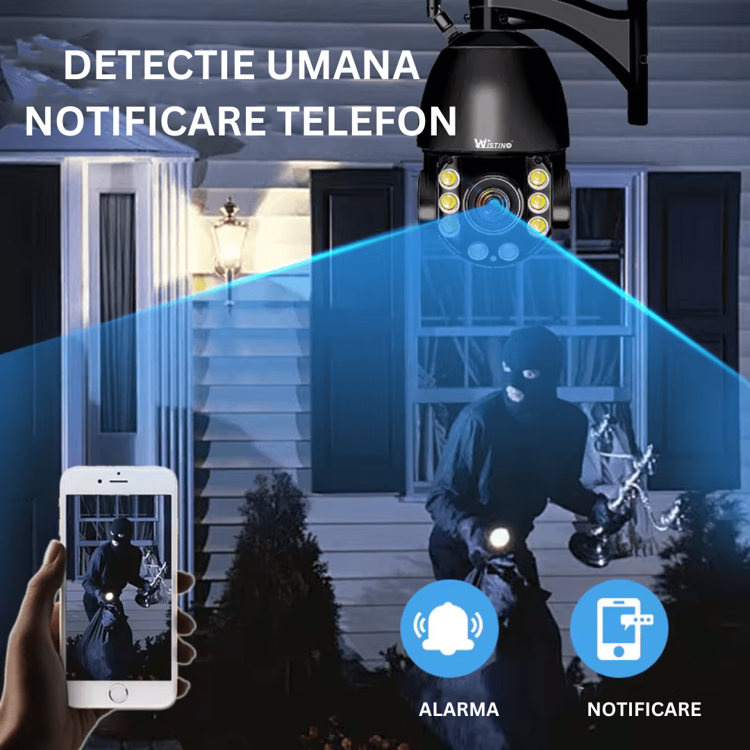 Camera de supraveghere 4G 4K Ultra HD cu zoom 100x, rotire din aplicație și rezistență IP66, ideală pentru securitate.