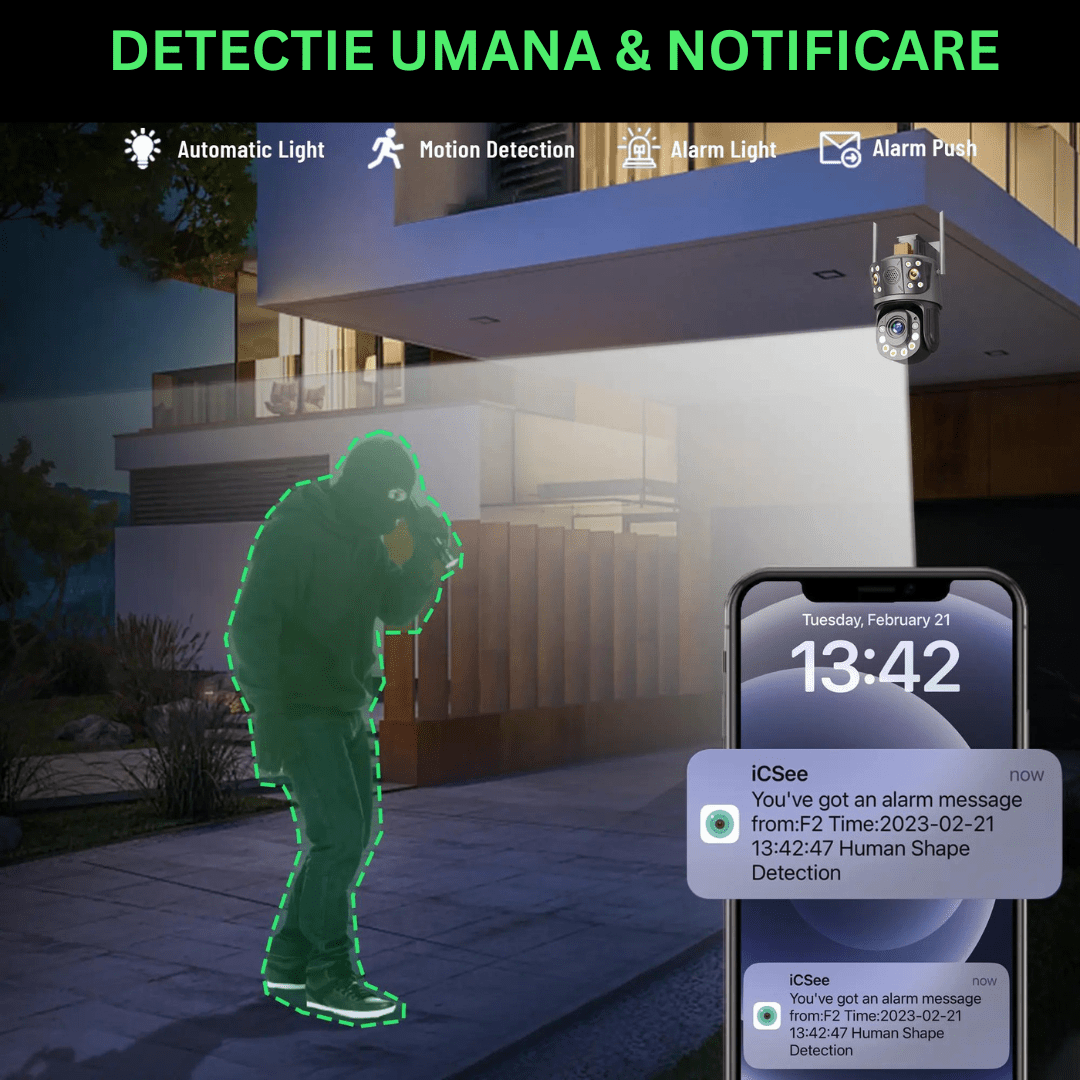 Camera de supraveghere 4G Taggo.ro, 20MP cu zoom 100X, control din aplicație, detectie umană și notificări.