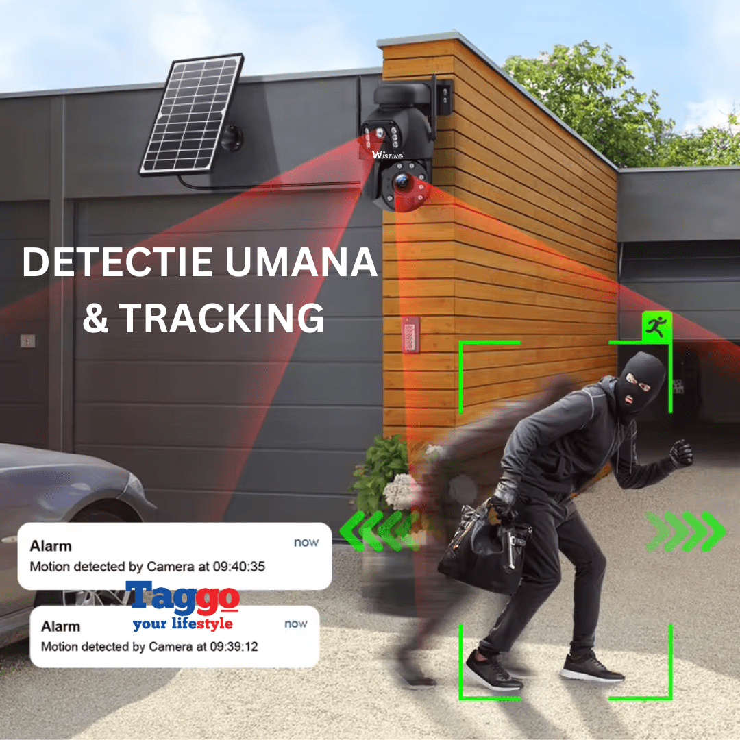 Camera de supraveghere 4G Taggo.ro, Ultra HD 3K, zoom 50x, duală, alimentare solară, rezistentă la apă IP66, rotire controlată din aplicație.