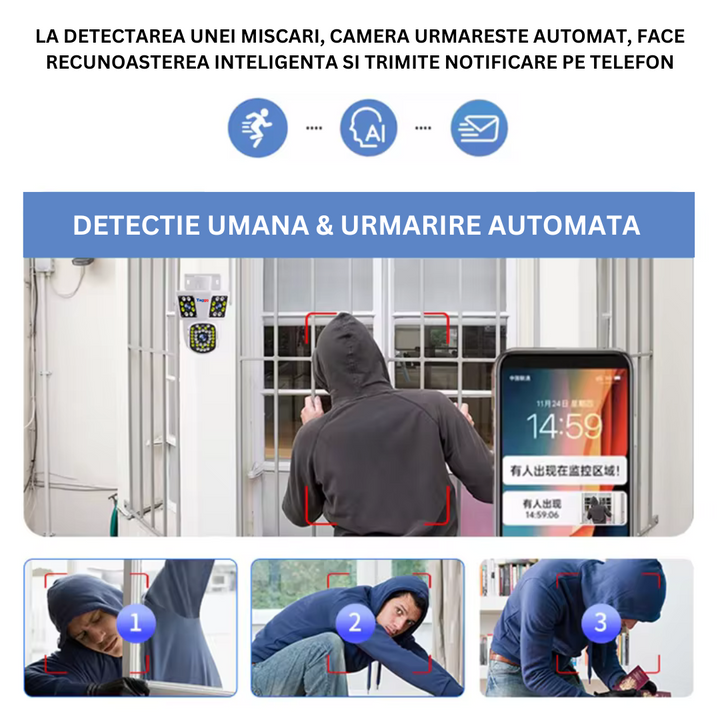 Camera de supraveghere WIFI 3K, 3 lentile, Control din aplicatie, Urmarire automata, Rezistenta la apa IP66 - Taggo.ro