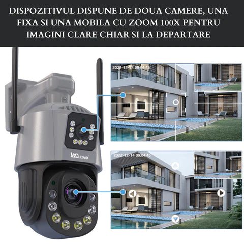 Camera de supraveghere WiFi Taggo 6K, zoom 100x, dual lentile, control app, detectie umană, rezistentă la apă IP66