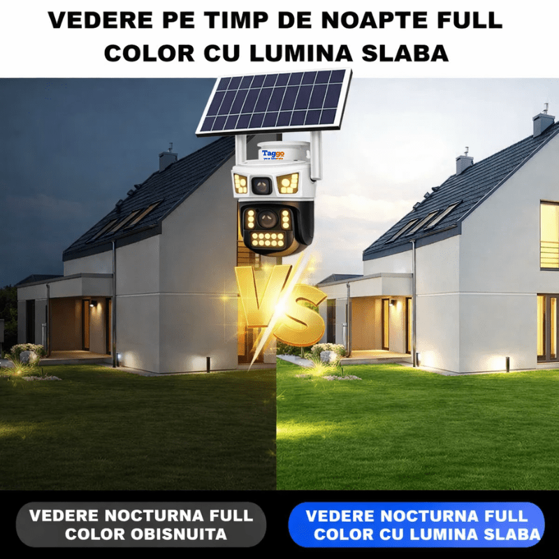Camera Supraveghere cu Panou Solar AOV pentru exterior 2 lentile, conexiune 4G, Rezolutie 4K 8MP, Full Color Noaptea, Alb - Taggo.ro