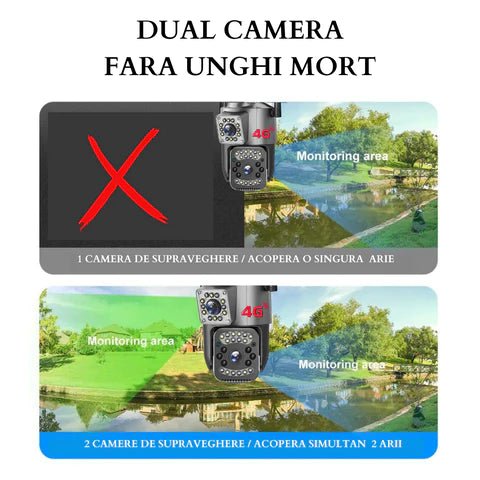 Camera de supraveghere Taggo 4G, 4K, 8MP cu 2 lentile, control din aplicație, rezistentă la apă IP66, urmărire automată.