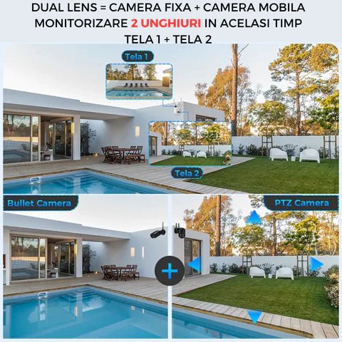 Camera WiFi de supraveghere Taggo 4K, 8MP cu 2 lentile, control din aplicație, urmărire automată și rezistență la apă IP66