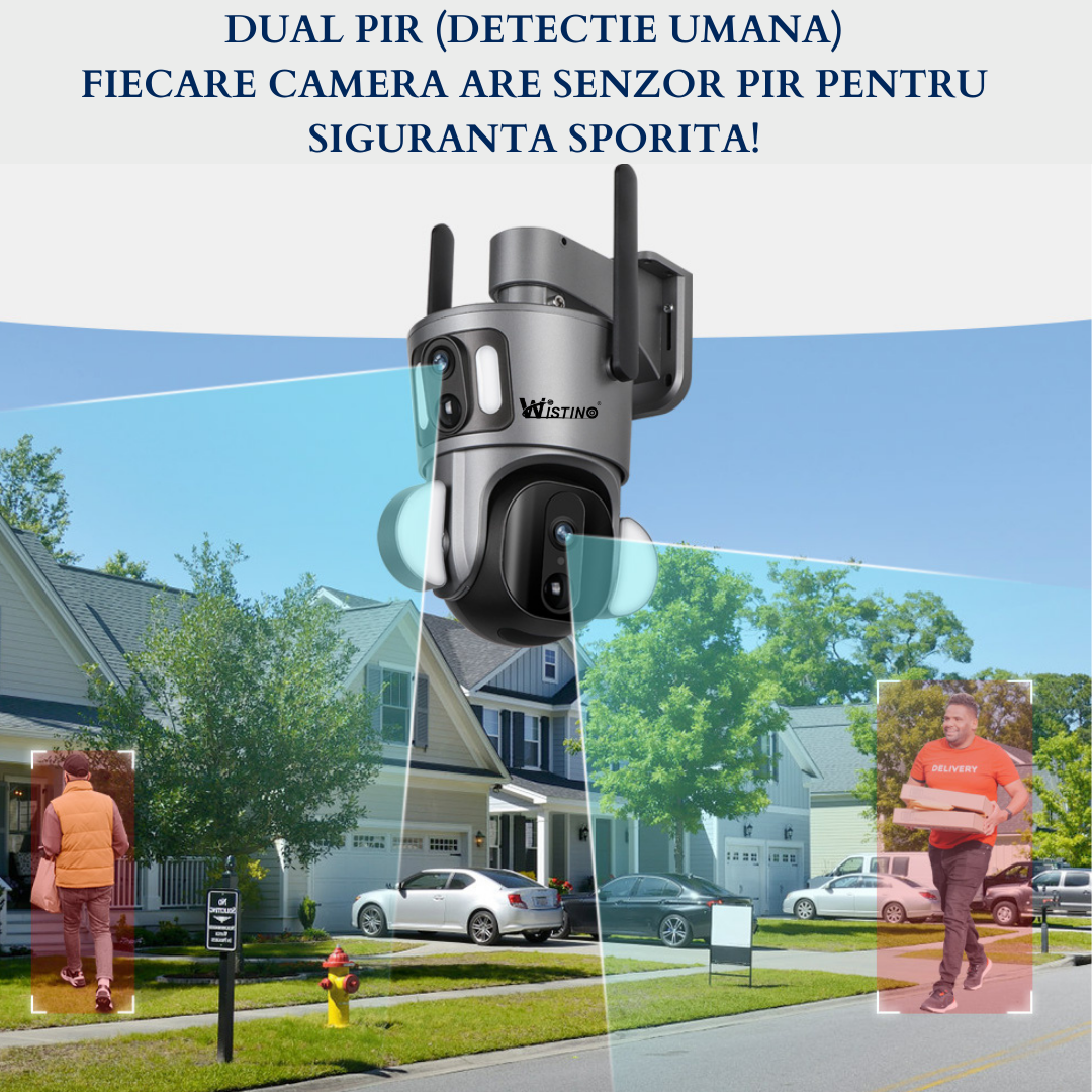 Camera supraveghere Taggo cu duală camera 6MP, 4G, 3K Ultra HD, rezistentă la apă IP66, rotire din aplicație, încărcare solară