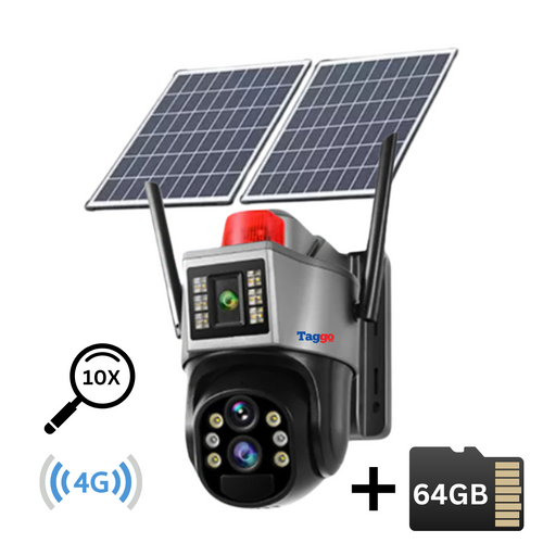 Camera de supraveghere cu dublu panou solar 4K, conexiune 4G Cartela SIM, Zoom 10X, Control din aplicatie, Detectie umana, Urmarire automata, IP66, Card 64GB