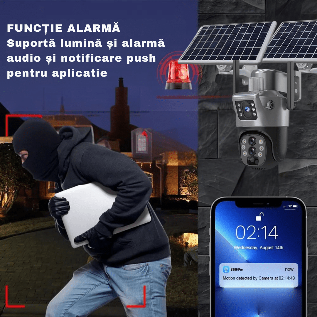 Camera supraveghere gri 4G 4K ULTRA HD, 8MP cu zoom 10X, panouri solare, rezistentă la apă IP66 și card 64GB, Taggo.ro