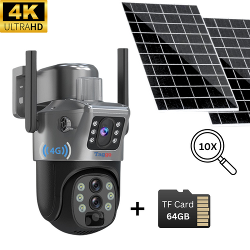 Camera supraveghere Gri 4G 4K ULTRA HD, 8MP, ZOOM 10X, 2 x Panou solar 10W, Rezistenta la apa IP66 + Card 64GB