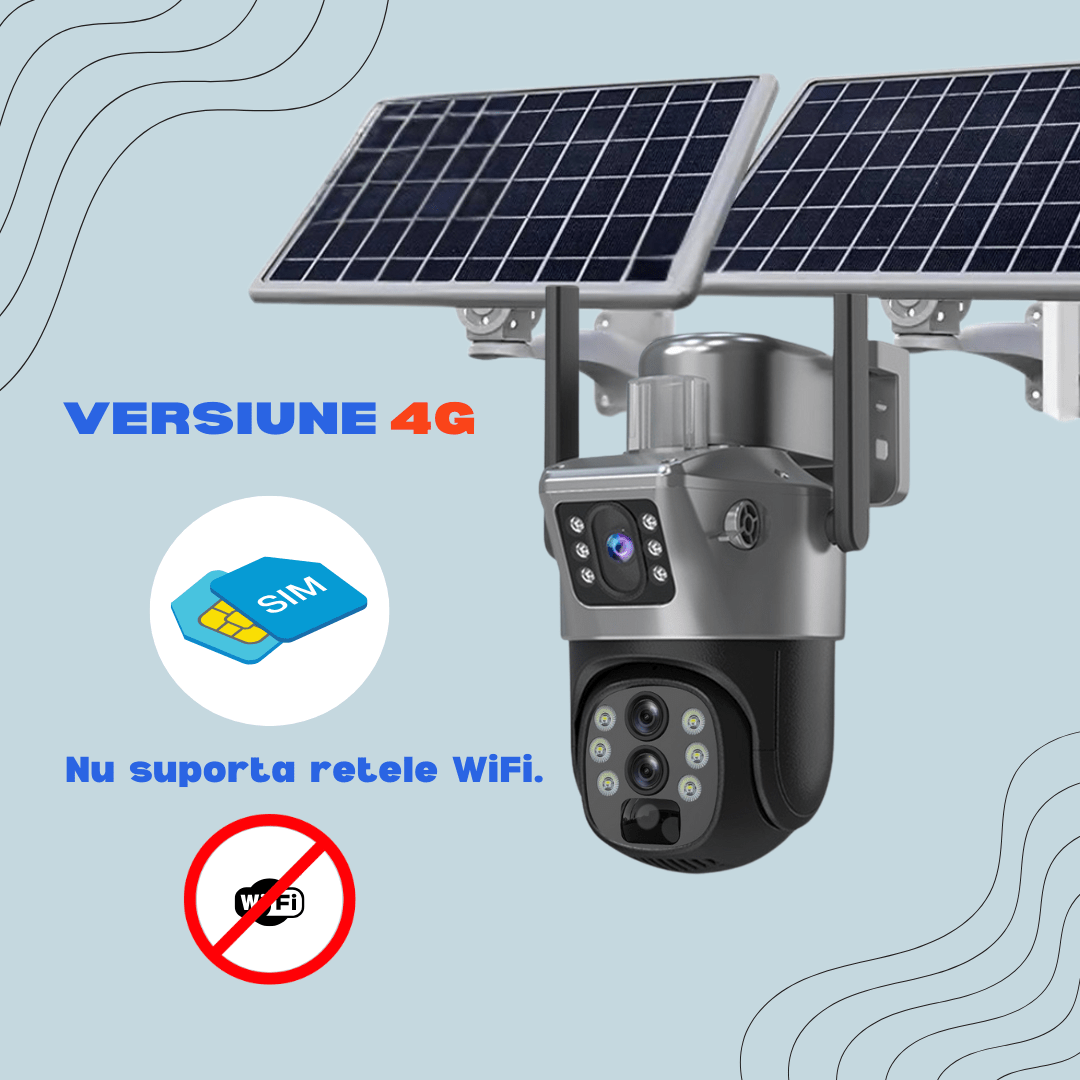 Camera supraveghere gri 4G 4K Ultra HD, 8MP cu zoom 10x, panouri solare 10W și card de 64GB, rezistentă la apă IP66