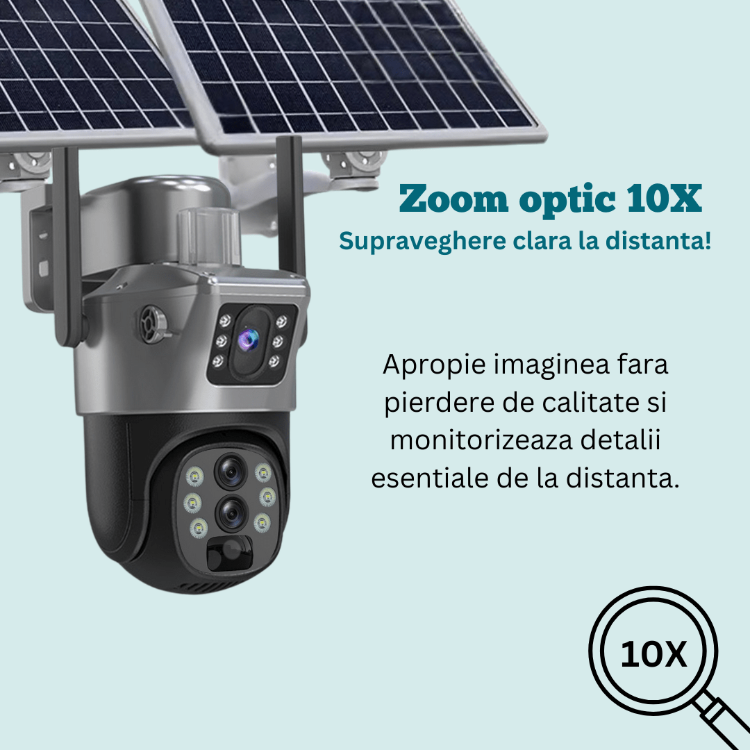 Camera supraveghere gri 4G 4K ULTRA HD 8MP cu zoom 10X, panouri solare și rezistență IP66, cu card de 64GB