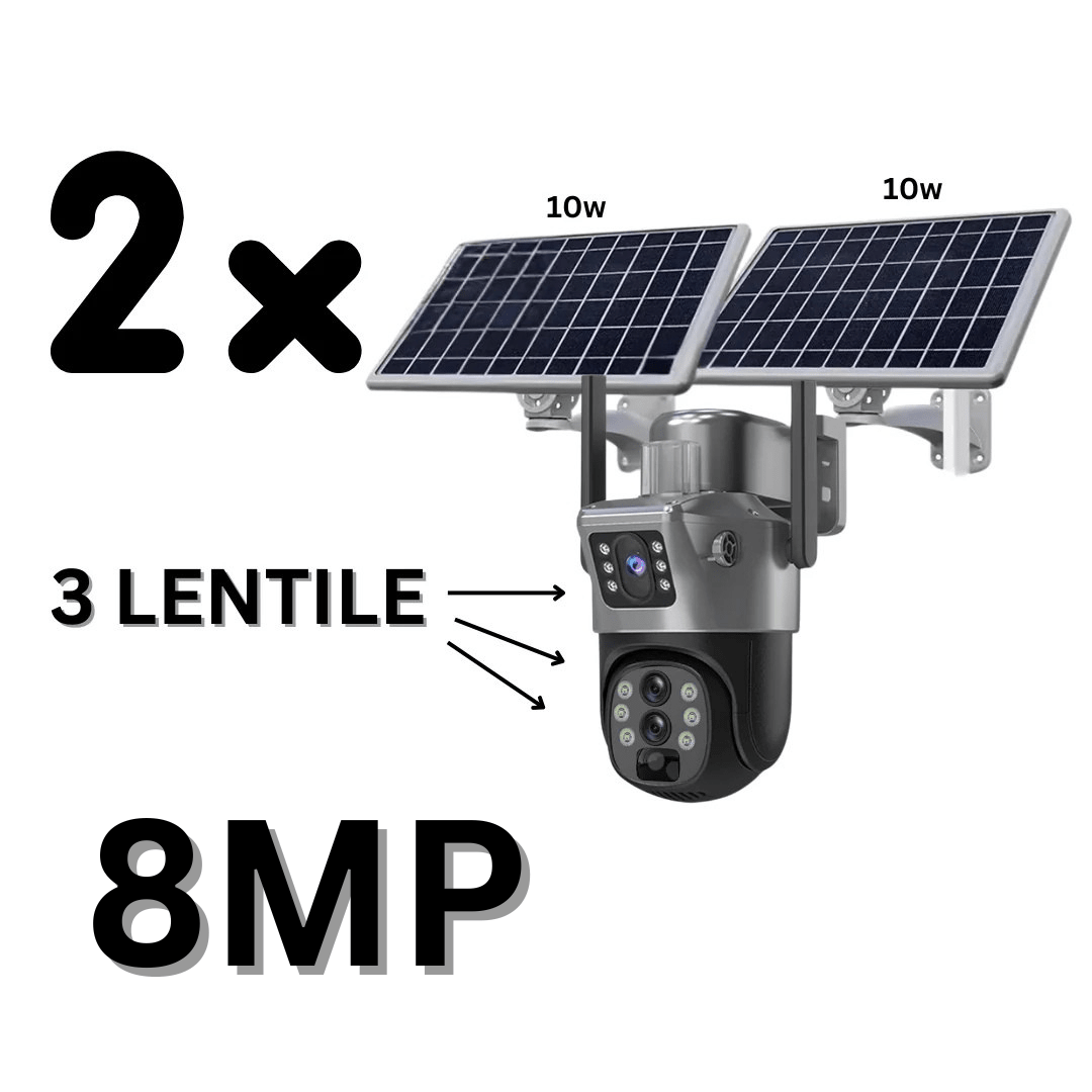 Camera supraveghere gri 4G 4K ULTRA HD, 8MP cu zoom 10x, panouri solare 10W, rezistență IP66 și card de 64GB.