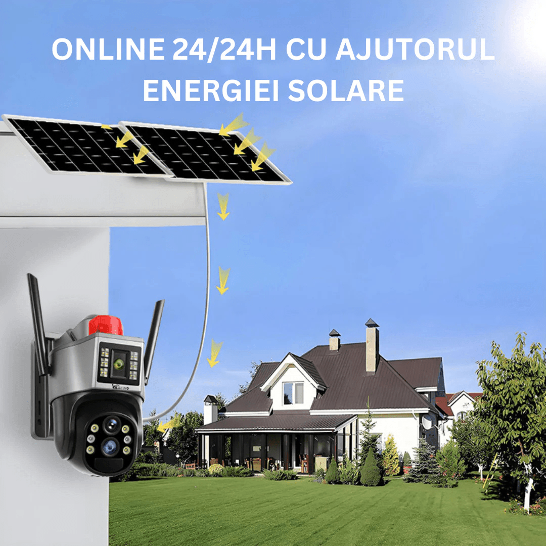 Camera de supraveghere Taggo.ro cu panou solar 4K, zoom 10X, conectivitate 4G, control app, detectie umană și IP66.