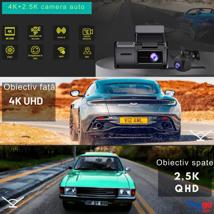 Camera Auto K26S 4K + camera spate 2.5K, WDR, WiFi si GPS integrat, 3,16" IPS, Senzor G - Taggo.ro