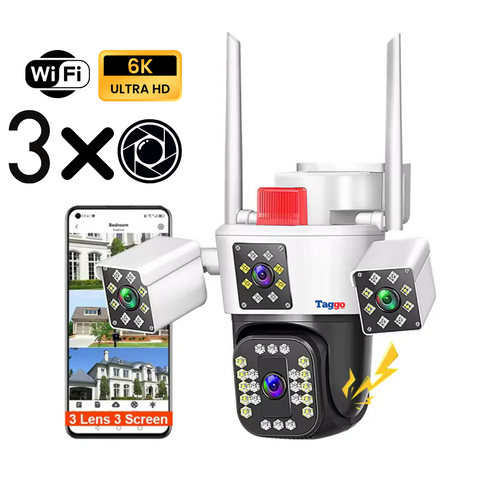 Camera de supraveghere WIFI 6K, 12MP, 3 lentile, Control din aplicatie, Comunicare bidirectionala, Urmarire automata, Multi lens