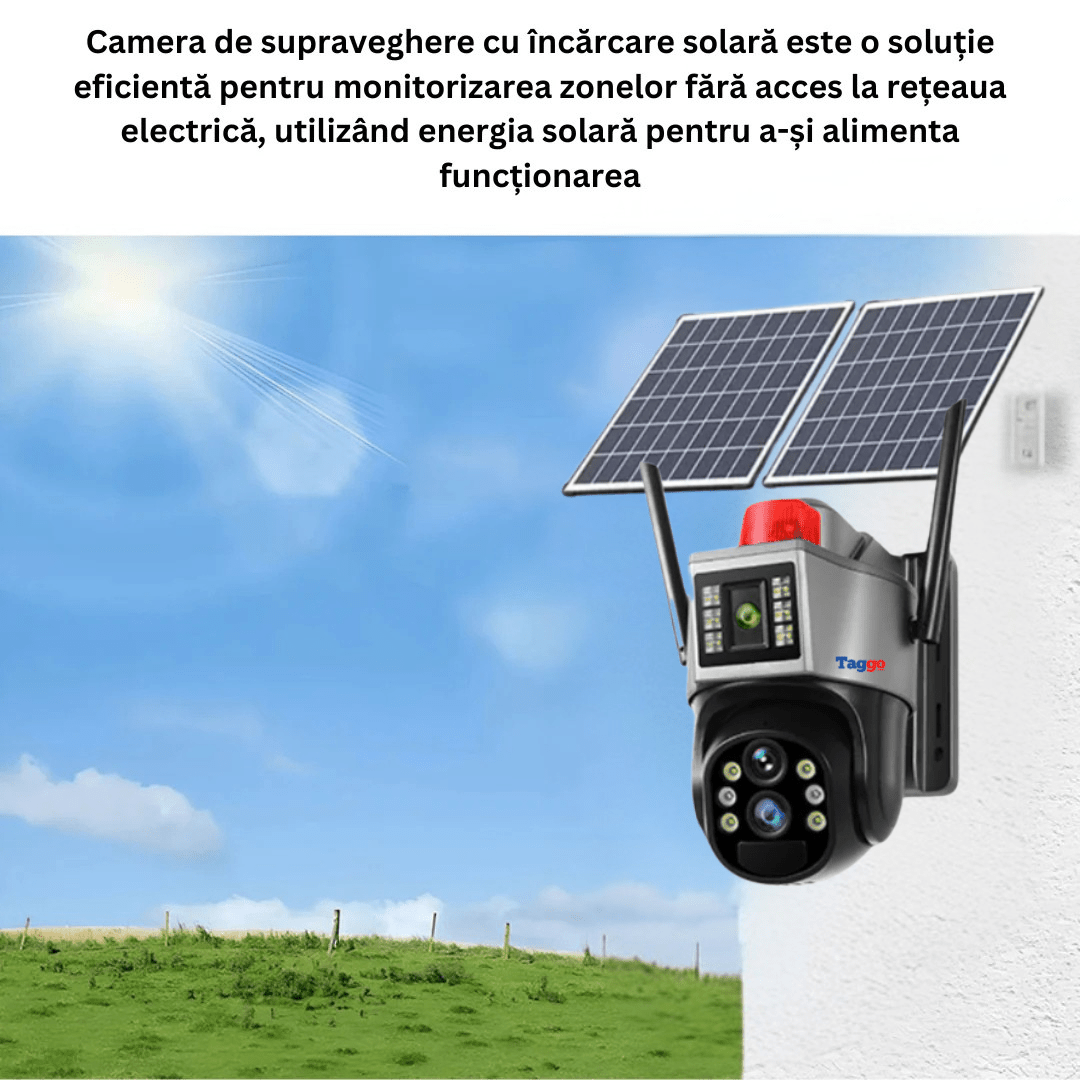 Camera de supraveghere Taggo.ro 4K cu panou solar, zoom 10X, conexiune 4G, detectie umană, IP66, control aplicație.