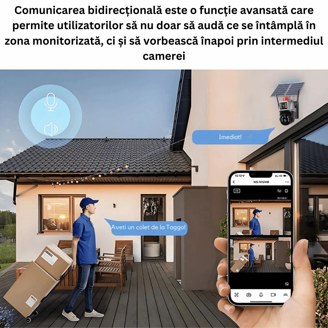 Camera de supraveghere Taggo cu panou solar 4K, zoom 10X, conexiune 4G, detectie umană și control din aplicație, IP66.