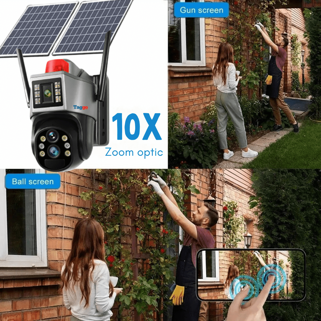 Camera de supraveghere Taggo.ro cu panou solar 4K, zoom 10X, conexiune 4G, detecție umană și control din aplicație.