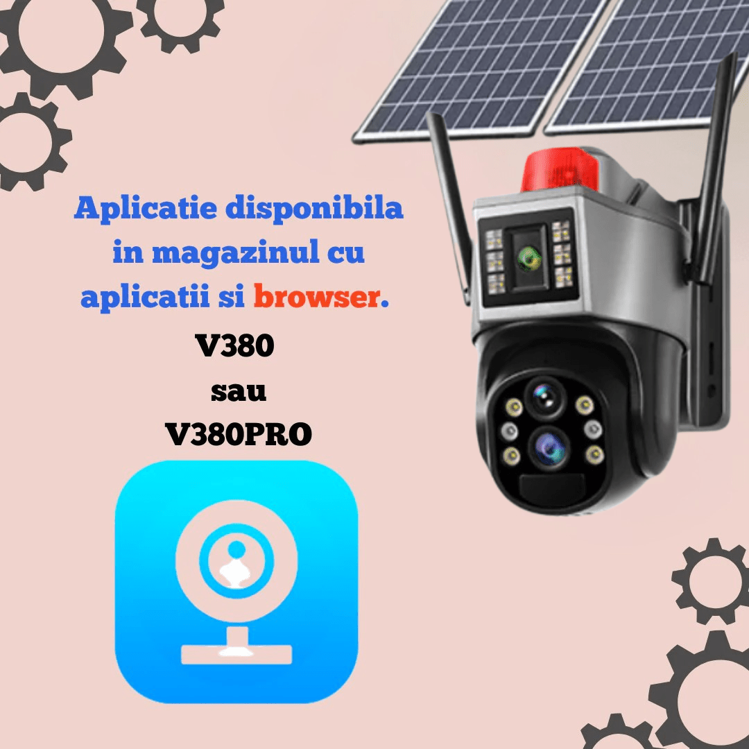 Camera de supraveghere Taggo cu panou solar 4K, zoom 10X, conectivitate 4G, detectie umana și control din aplicație.
