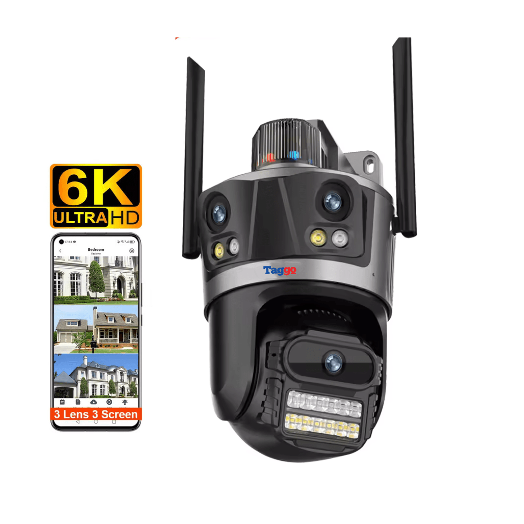 Camera de supraveghere WIFI 4K 8MP Taggo.ro cu 3 lentile, control din aplicație și rezistență la apă pentru securitate eficientă
