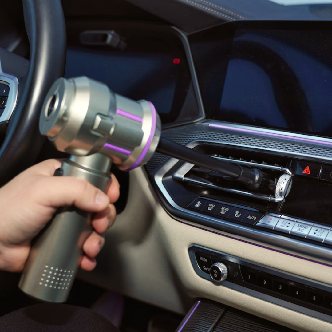 Aspirator auto portabil fără fir Taggo Luxena AirPro4, 4-in-1, argintiu cu mov, accesorii, filtru HEPA, geantă transport.