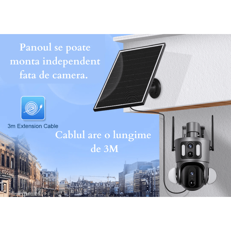 Camera supraveghere Taggo cu dual 6MP, 4G, 3K Ultra HD, rezistent IP66, incarcare solară și rotire controlată din aplicație.