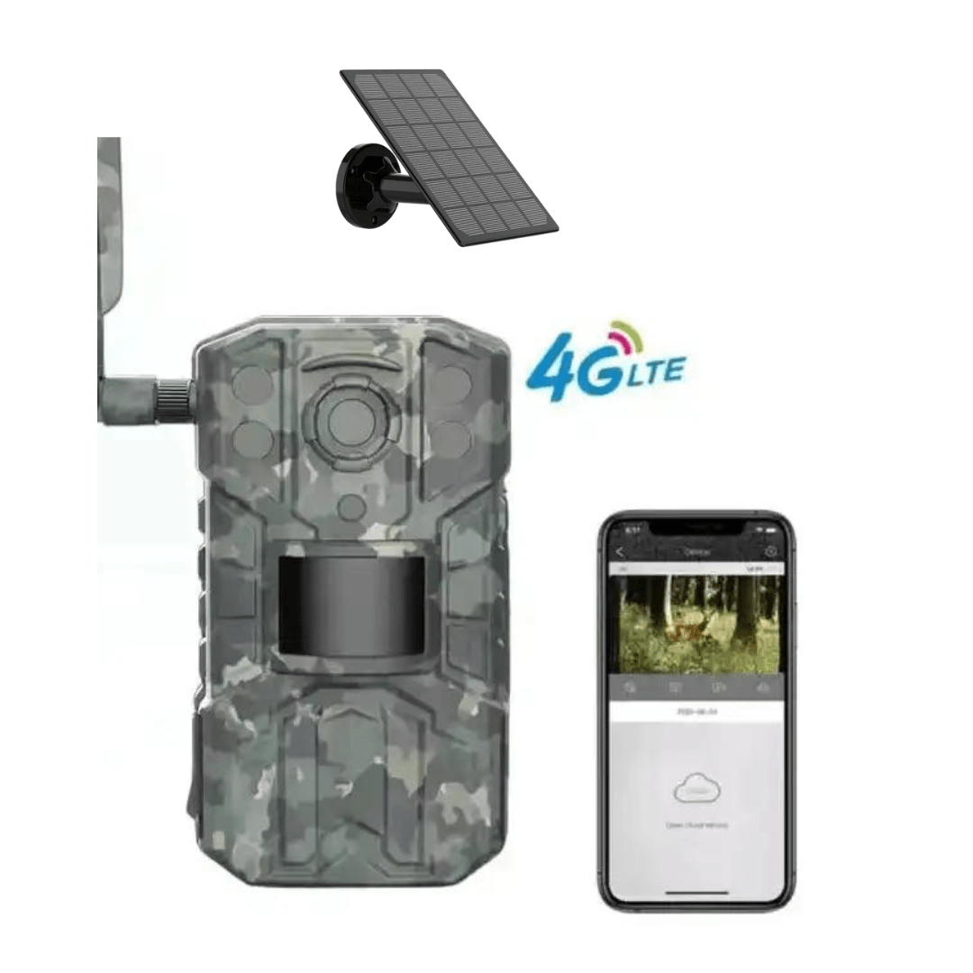 Camera de vânătoare Taggo WISTINO 4G 14 MP cu încărcare solară, rezoluție 2.7K, PIR 20m și LED-uri 940nm în imagine.