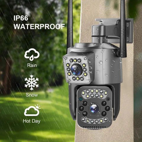 Camera de supraveghere 4G Taggo, 4K, 8MP, cu 2 lentile, control din aplicație, rezistentă la apă IP66, urmărire automată.