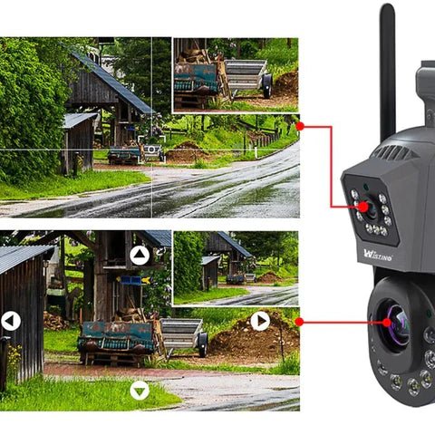 Camera de supraveghere Taggo 4G, 6K, 100X, 2 lentile, control aplicație, detectie umană, rezistentă IP66, imagine frontală.