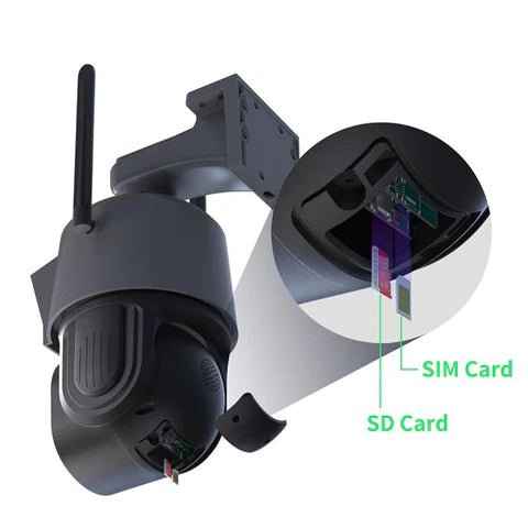 Camera de supraveghere 4G Taggo cu lentile 2, control aplicație, detectie umană, rezistentă IP66, zoom 6K, cartela SIM