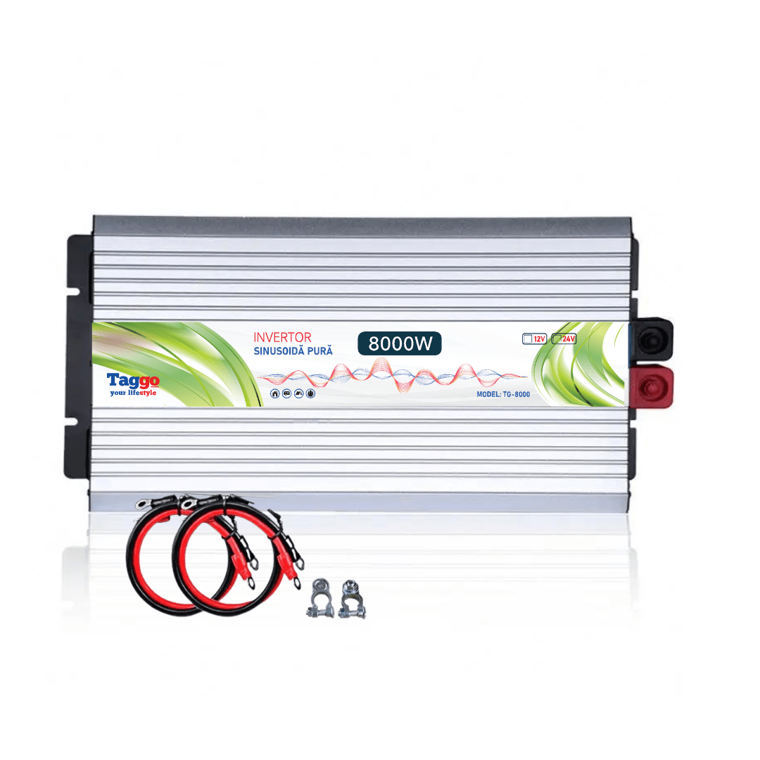 Invertor Taggo de 8000W 24V la 220V cu undă sinus pur pentru rulote, case și cabane, imagine cu design modern și componente.
