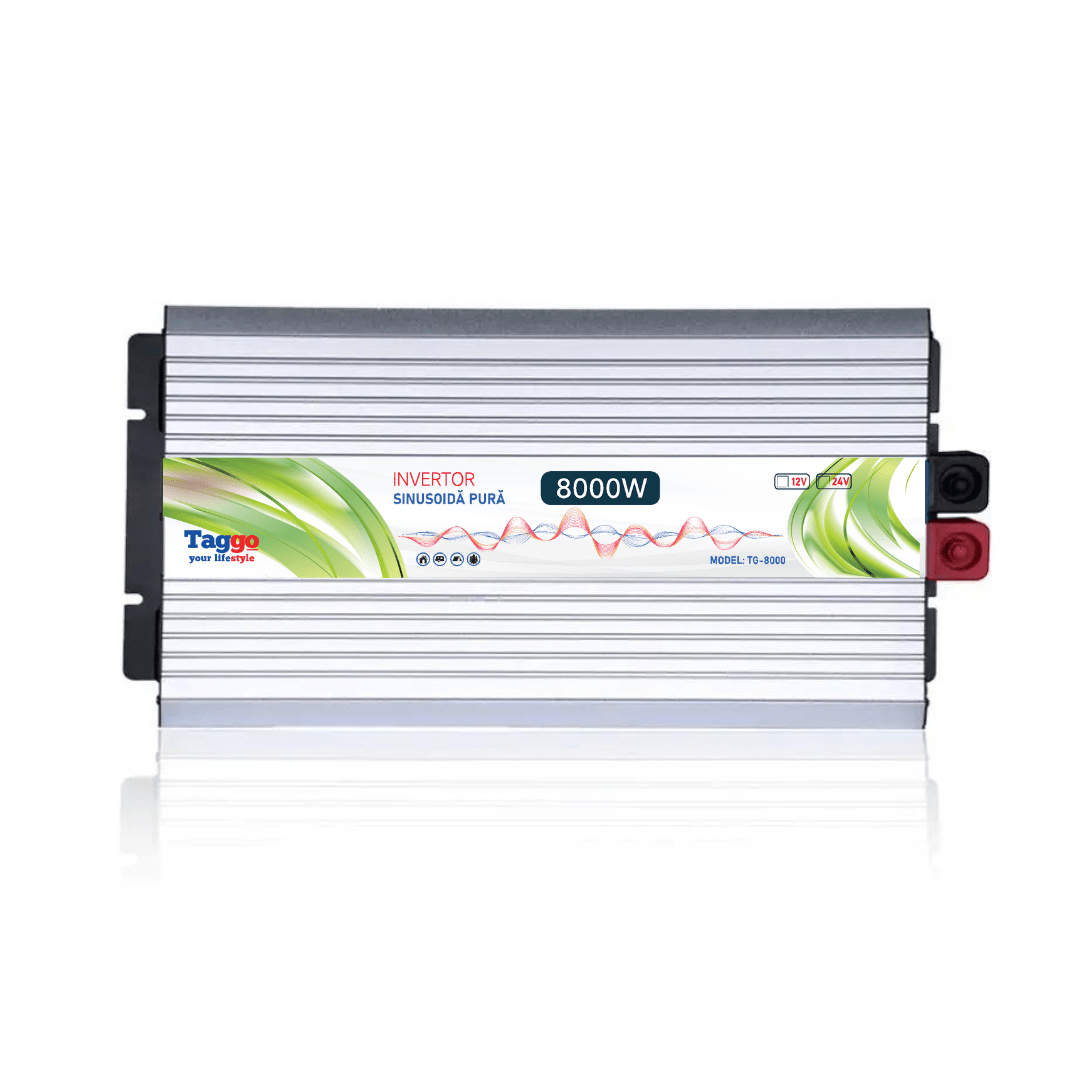 Invertor Taggo 8000W 12V-220V cu undă sinus pur, pentru rulote, case și cabane, afișaj și conexiuni vizibile în imagine.