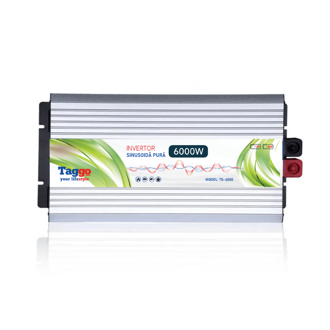 Invertor Glen 6000W 12V-220V cu undă pură pentru rulote, case și cabane, compatibil cu panouri solare, design modern.