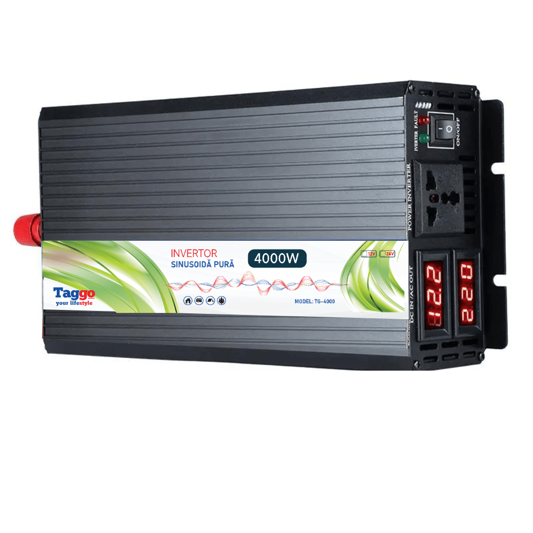 Invertor 4000W 12V-220V Taggo, undă pură pentru rulote, case și cabane, imagine cu design modern și panouri solare.