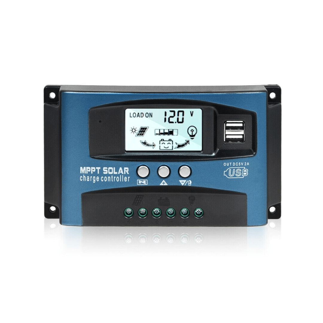 Controller solar Taggo MPPT/PWM de 60A, 750W, cu display LCD și porturi USB pentru sisteme fotovoltaice.