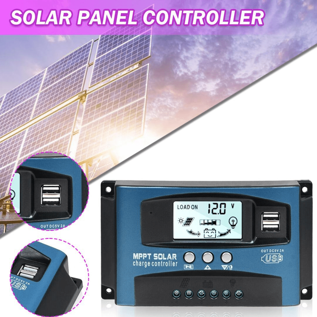 Controller solar Taggo MPPT/PWM de 60A, 750W/12V sau 24V, cu display LCD și USB dual pentru încărcare eficientă.