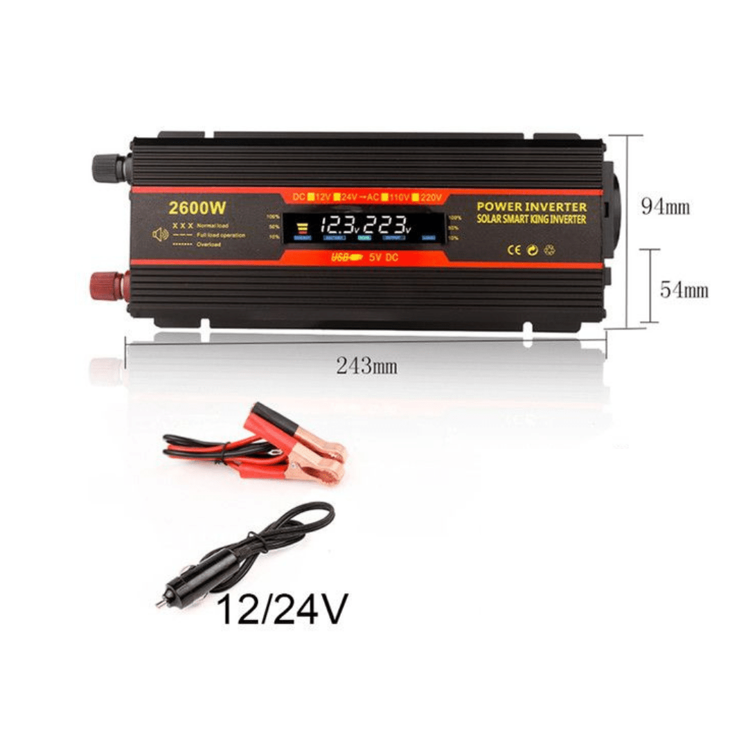 Invertor auto 24V-220V 2600W AutoBox cu display, protecție scurtcircuit, 2 porturi USB și adaptor auto inclus.
