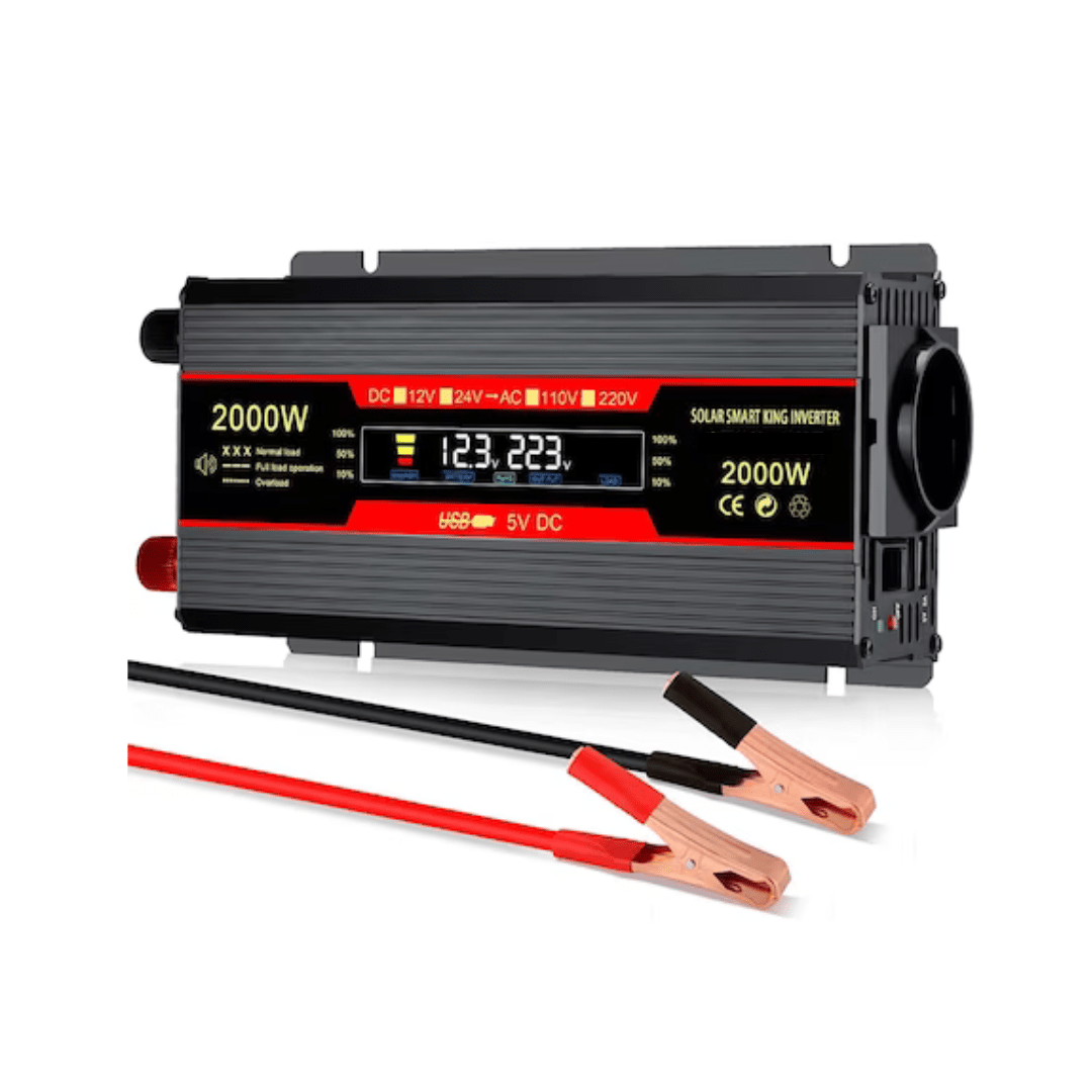 Invertor auto Taggo 12V la 220V, 2000W cu display, protecție scurtcircuit și 2 porturi USB, adaptor auto inclus.