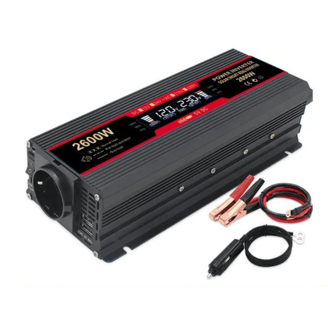 Invertor AutoBox 24V-220V 2600W cu display, protecție scurtcircuit, 2 USB și adaptor auto inclus, pentru alimentare AC.