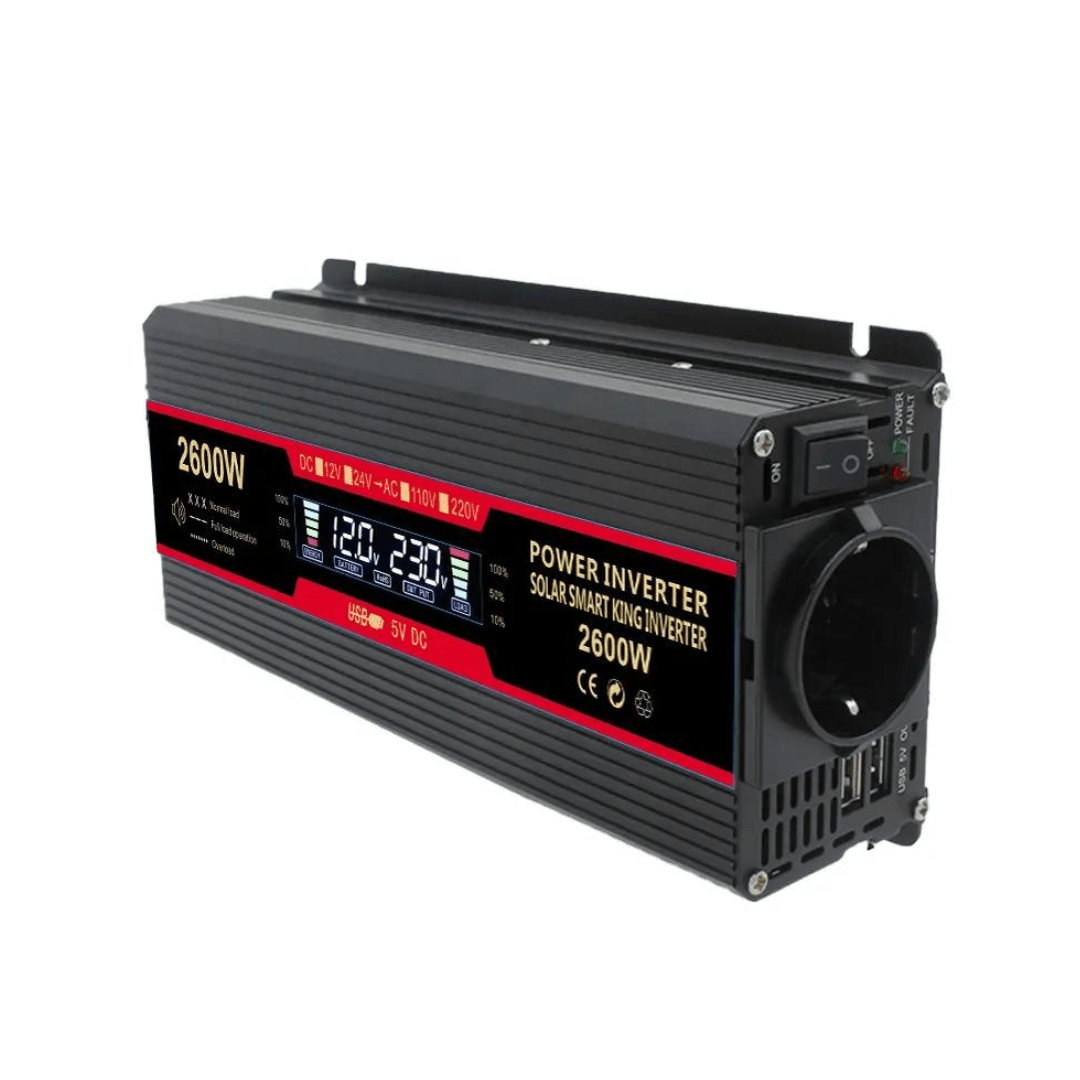 Invertor AutoBox 24V la 220V 2600W cu display, ieșire AC, protecție scurtcircuit și 2 porturi USB, adaptor auto inclus.