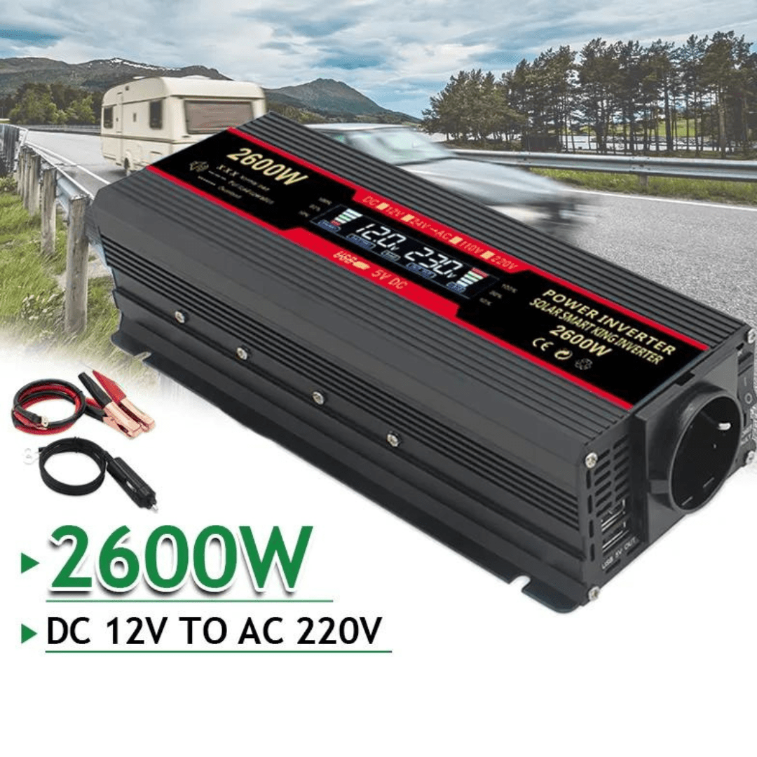 Invertor auto Taggo 12V la 220V, 2600W, cu display, ieșire AC, protecție scurtcircuit și 2 porturi USB, adaptor inclus