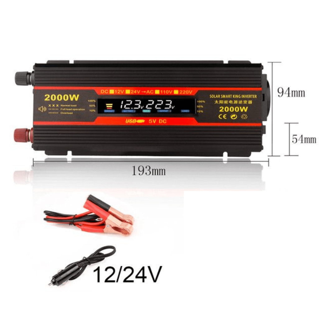 Invertor auto Taggo 12V la 220V 2000W cu display, protecție scurtcircuit, 2 port USB și adaptor auto inclus.