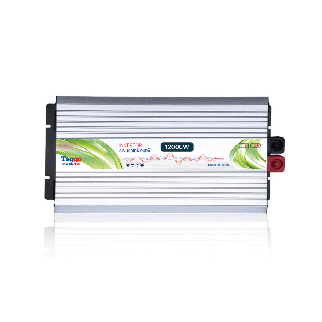 Invertor Taggo 12000W 24V la 220V, sinus pur, pentru rulota, casă sau cabană, cu panouri solare, imagine în design modern.
