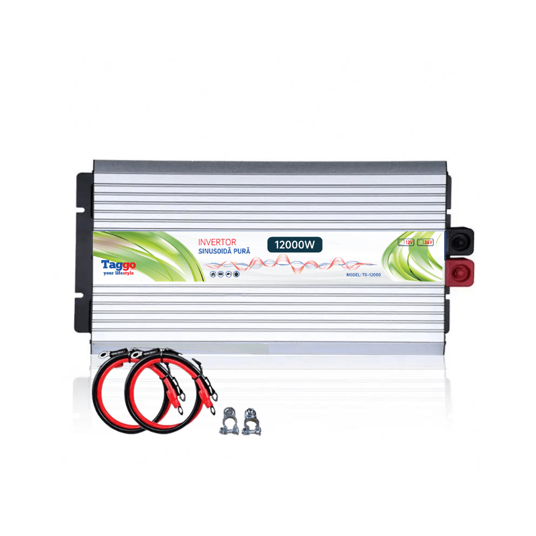 Invertor Taggo 12000W 24V – 220V cu undă sinus pur pentru rulota, casă sau cabană, în imagine cu design modern și porturi.