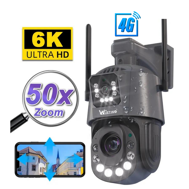 Camera de supraveghere 4G Cartela SIM 6K, 50X, 2 lentile, Control din aplicatie, Detectie umana, Rezistenta la apa IP66 - Taggo.ro