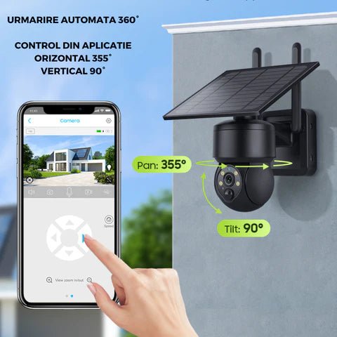 Camera de supraveghere Black 5MP cu incarcare solară și rotire din aplicație, rezistentă la apă IP66, ideală pentru securitate.