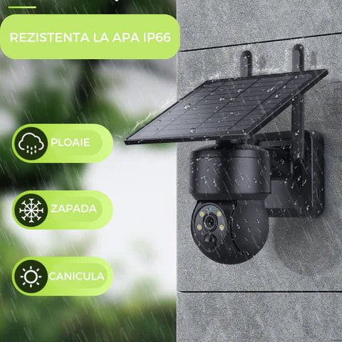 Camera de supraveghere Black 5MP Taggo.ro cu incarcare solară, rotire din aplicație și rezistență IP66, pentru supraveghere exterioră.
