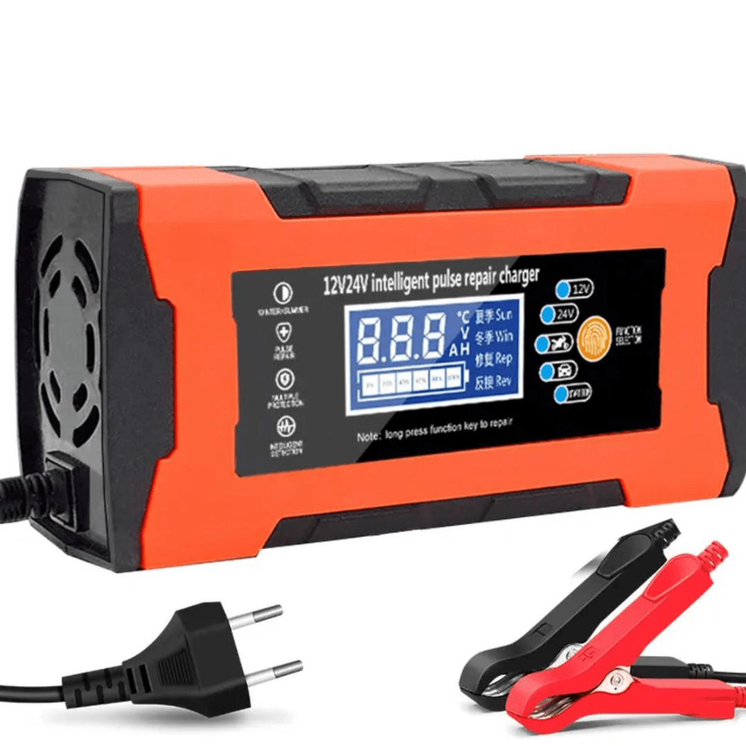 Redresor de baterii auto Taggo pentru 12V și 24V, 90W, cu design modern, pentru încărcare și întreținere baterii auto.